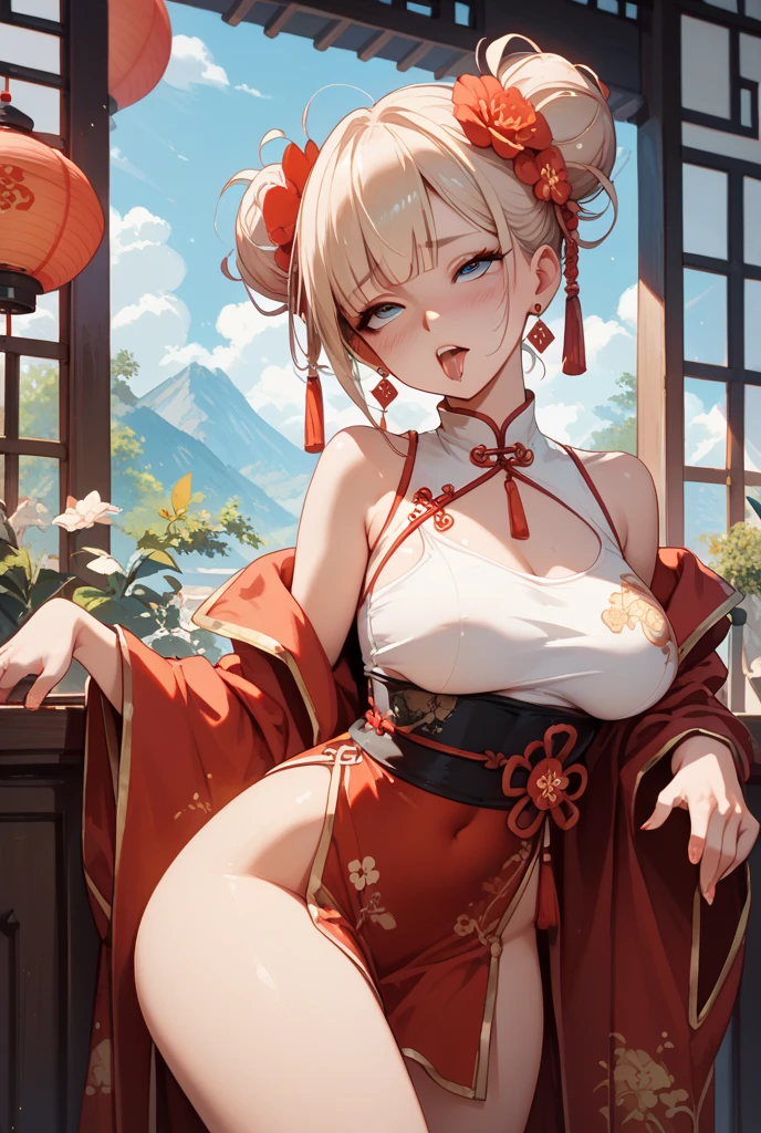 The blonde,on cheongsam,(Red cheongsam),(Chinese tradition),During the Republic of China,huge tit,High-forked cheongsam,expose arms,Exposing thighs,(cleavage),Full body photo,(Cocked buttocks),(Hypertrophic buttocks)