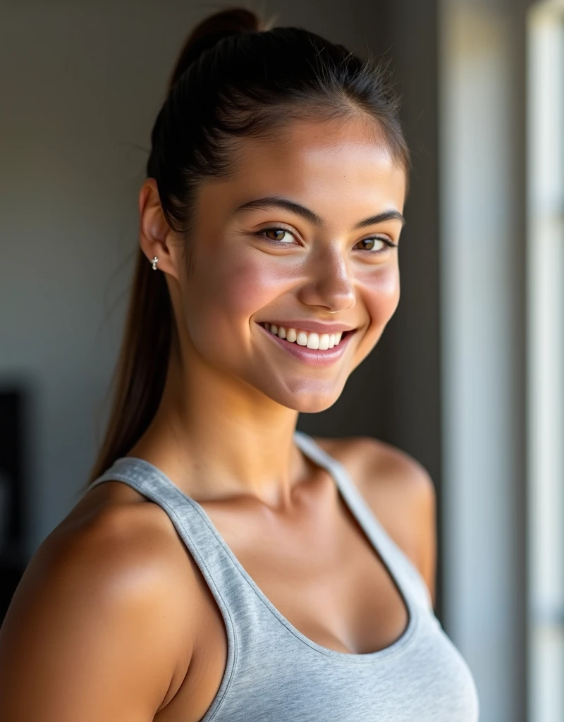 best quality, masterpiece, Ultra-high resolution, Super beautiful face, Pure body, Clearly visible pores, (Smile:0.8), (realism:1.5), original photo, Sweating all over, Low profile, Cold Light，，Sports bra，sports Shorts，22-year-old Indian woman