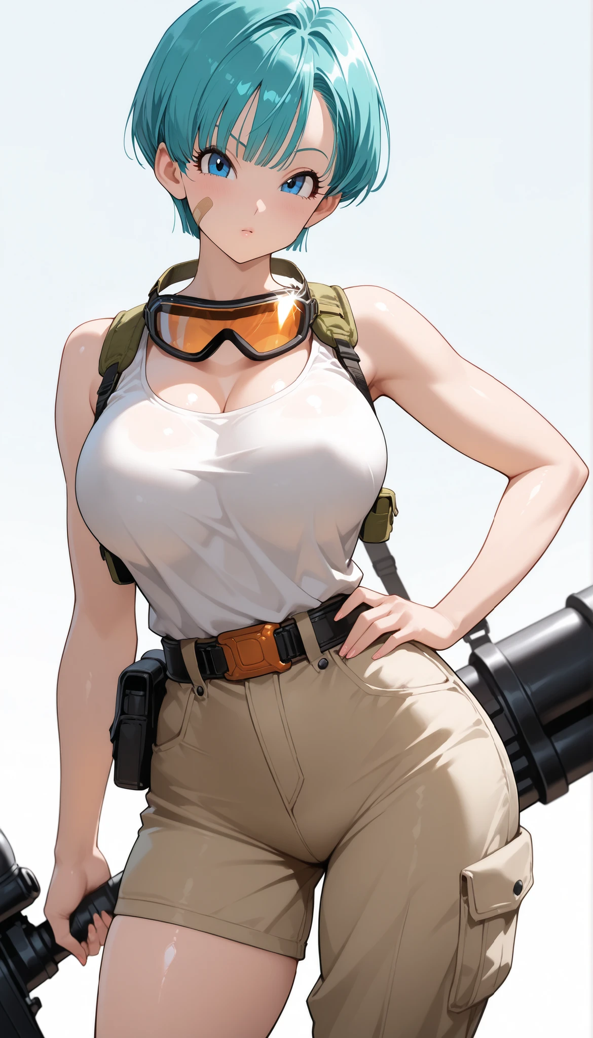1girl,huge breast, Bright blue hair, short hair,Adventure clothes, high quality, ultra detailed, masterpiece, realistic, stocking, mini skirt