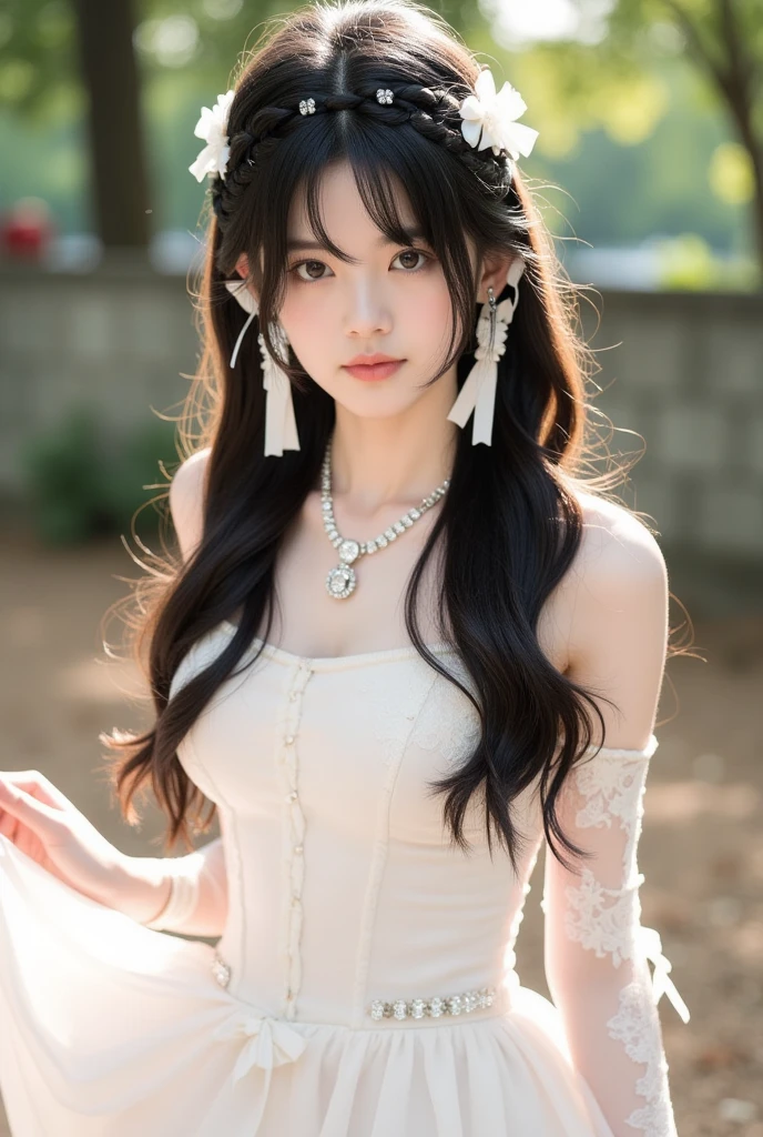 ((Girl standing in front of the wall of an old castle))、Fluorescent color、1 girl、Looking to the side、Beautiful face、Beautiful eyes、（Off the shoulder：1.2）、Upper Body、Shiny Hair、Glowing Skin、 Reduce glare、The proportions of the fingers have been adjusted、Escrow、ass pov、Dynamic Angle、(((Master part)))、(((highest quality)))、(((Super-detailed))) detailed）、（An illustration）、（Detailed light）、（Very delicate and beautiful）、Dramatic_Shadow、Ray_Tracking、reflection、 Ultra-high resolution、((A girl with colorful hair and mesh in her black hair))、 Her hair flutters in the wind、(Large deep blue eyes)、Black Haired Woman、 Sparkling Butterfly、Black-haired woman、Points of light around the woman、Magical Aura、Green dot、Aura About Natural、超Magical AuraBlack-haired woman,((Semi-transparent white open shoulder dress:1.3))、(No sleeve)、((My skirt is flying up in the wind)),((An old European castle is hazy in the distance)),((White panties are visible)),