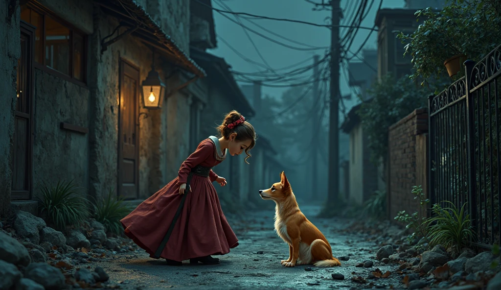 A girl leads a dog standing next to an electric lamppost,hand painted style