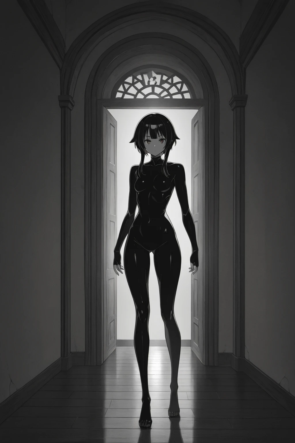 Standing on a dark grey floor,Anime Style,10 Girls,全裸でAlign女の子達,Expressionless,Standing neatly in a row,Facing the same direction,Align,Completely naked