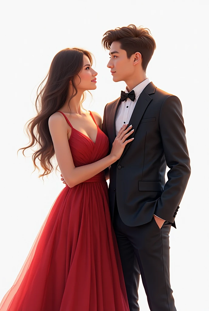 man hugging woman,lady wearing red dress,Men's black suit,Lavish banquets