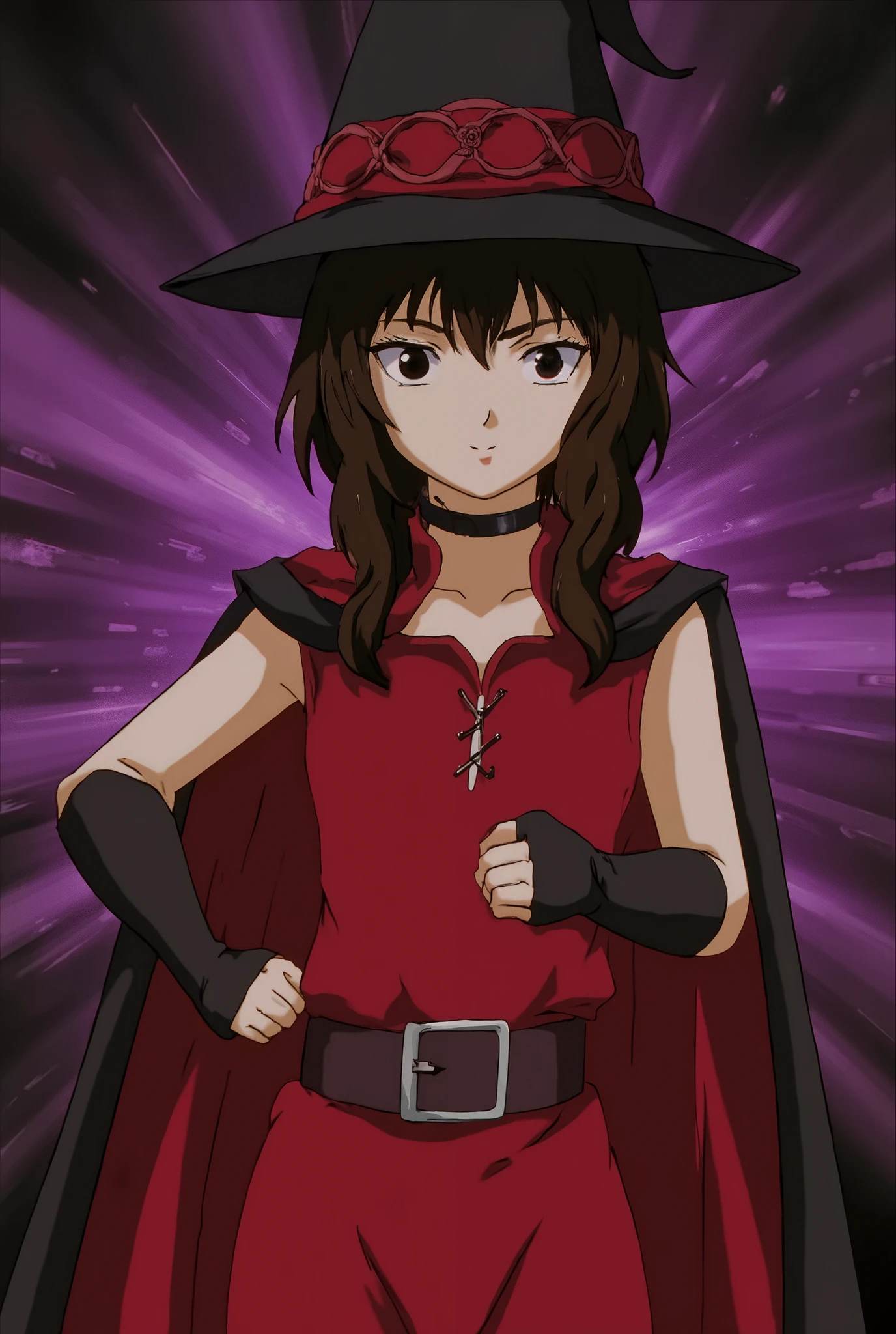 b3rs3rk megumin, 1girl, solo, portrait, smile, confident, uneven legwear witch hat, choker, gloves, belt, red dress, cape, fingerless gloves, perfect quality, good quality, masterpiece, HDR, UHD