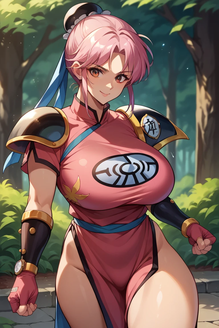 ((masterpiece, best quality:1.1), maam, dragon quest, 1girl,  solo, big breasts, fingerless gloves, pink gloves, fingerless gloves, pink gloves, chinese clothes, red dress, ribbon, long pink hair, yellow eyes, Big Breasts:1.6, parted bang, bun cover, smile, hand on hip, coliseum 