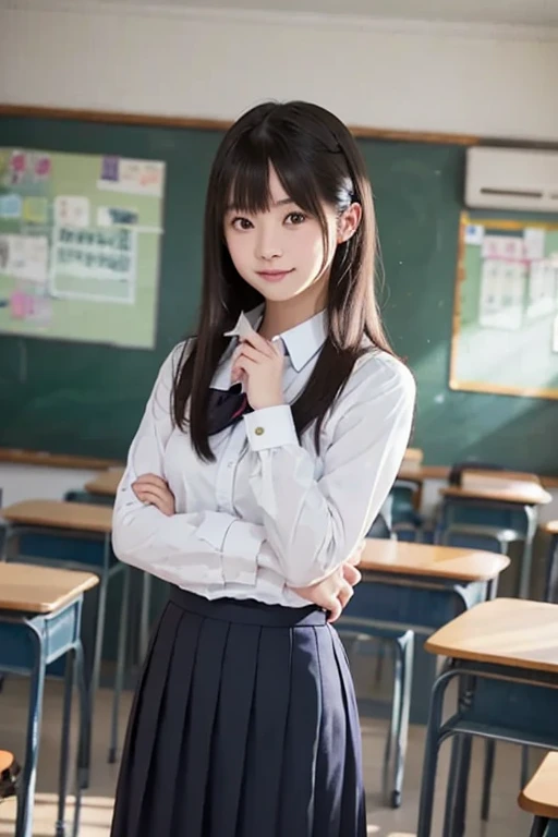 alone、high school girl、natural body shape、white skin、natural makeup、black hair、bangs、straight long hair、、(((Girls' High School School Uniform))) 、(((beige cardigan、white blouse with collar、Blue plaid tie、blue plaid pleated skirt、)))、((big breasts))、((The upper body is wearing a uniform))、((look at the camera))、((white thighs))、white socks、black loafers、((sitting at a desk with legs spread、raising one knee))、((Pure white panties are visible))、full body photo、((focus on crotch))、smile