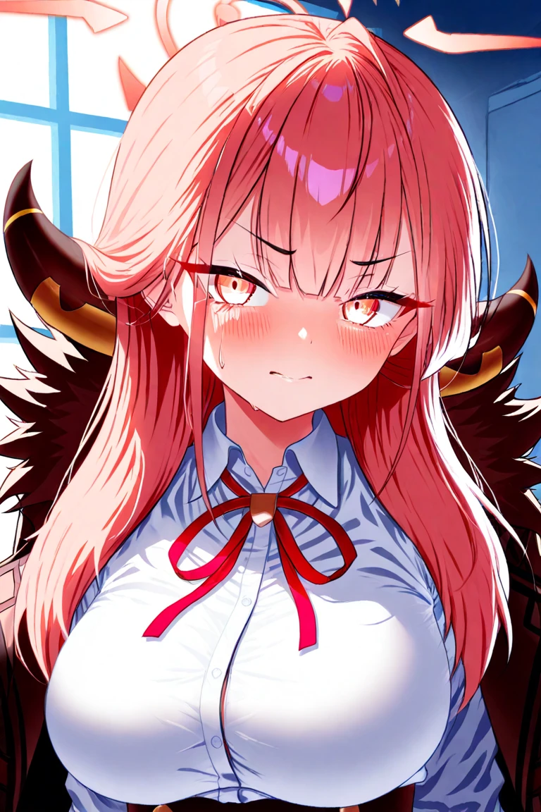 score_9,score_8_up,score_7_up,source_hentai, best quality, masterpiece, 4k, uncensored, prefect lighting, rating_explicit, very aesthetic,narmaya_\(granblue_fantasy\), school_uniform, jacket long_sleeves, white_shirt, red_necktie, pleated_skirt, navel, midriff, tied shirt, (smile), eyes,half-closed eyes, blush, curtains, curtain grab, looking at viewer, cowboy shot, Curtains in the background, ((trembling)), heavy breathing, BREAK faceless male, dark-skinned male, male face out of frame, 1boy, size difference, muscular male,
