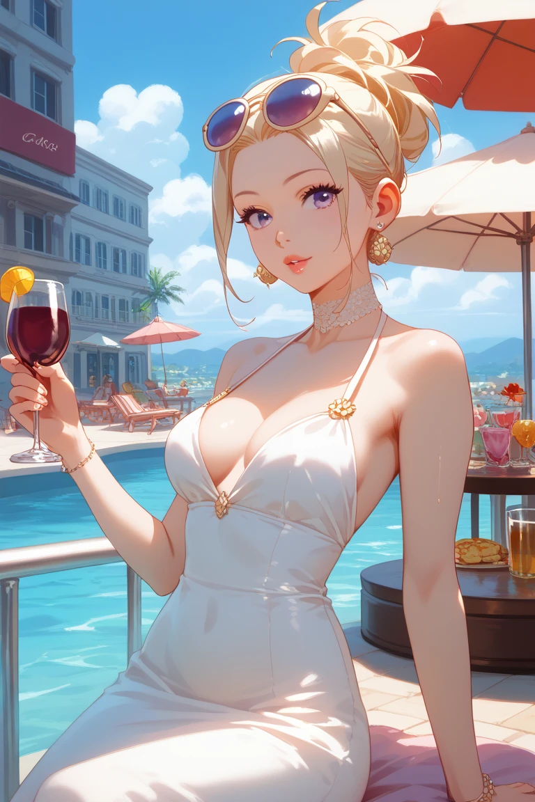 sexy blonde, 30 years old, top figure, wearing a sexy summer dress, holding a glass of white wine, relaxing by the pool, gta painted image, GTA style, beautiful painted image