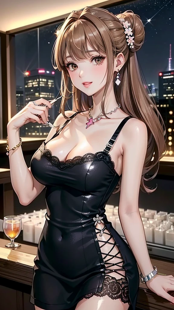 (8K, original photo, best quality, masterpiece:1.2),1 girl,alone,adult,brown hair,open lips,rabbit ears, rabbit, black pantyhose,navel,Big breasts, split, looking at the audience, Leaning forward, sitting, outdoor,night,Beautiful Body,Beautiful nose,Beautiful character design, perfect eyes, perfect face, Sexy Lingerie,whole body