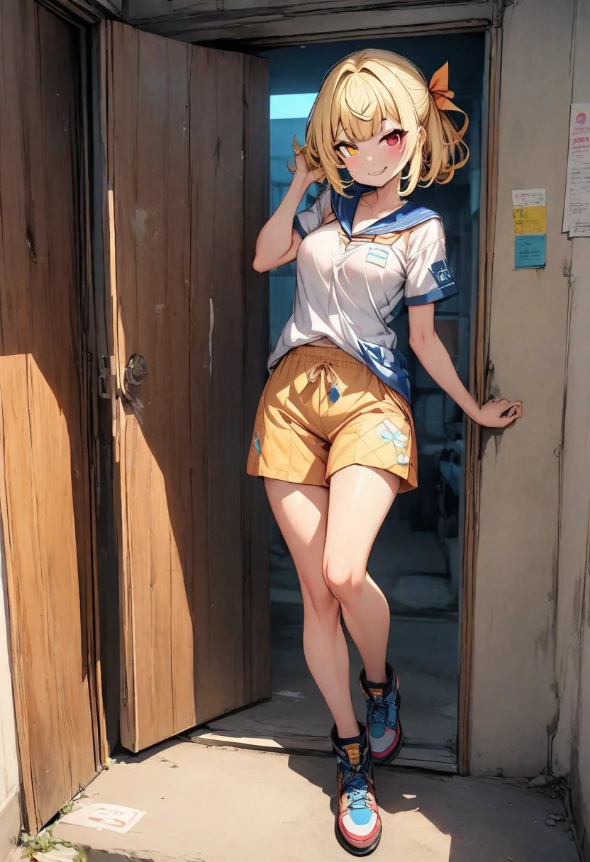 (masterpiece:1.2, best quality，4K), (Very detailed), Gym locker room, 1 Girl, 13-year-old girl, , Long legs, Long hair, Blonde, (White pantielue Sonic the Hedgehog Hoodie)), permanent, Smile, Original Characters, Volumetric Lighting, Best shadow, Shallow depth of field, (best quality, Stunning details:1.25), Colorful paintings