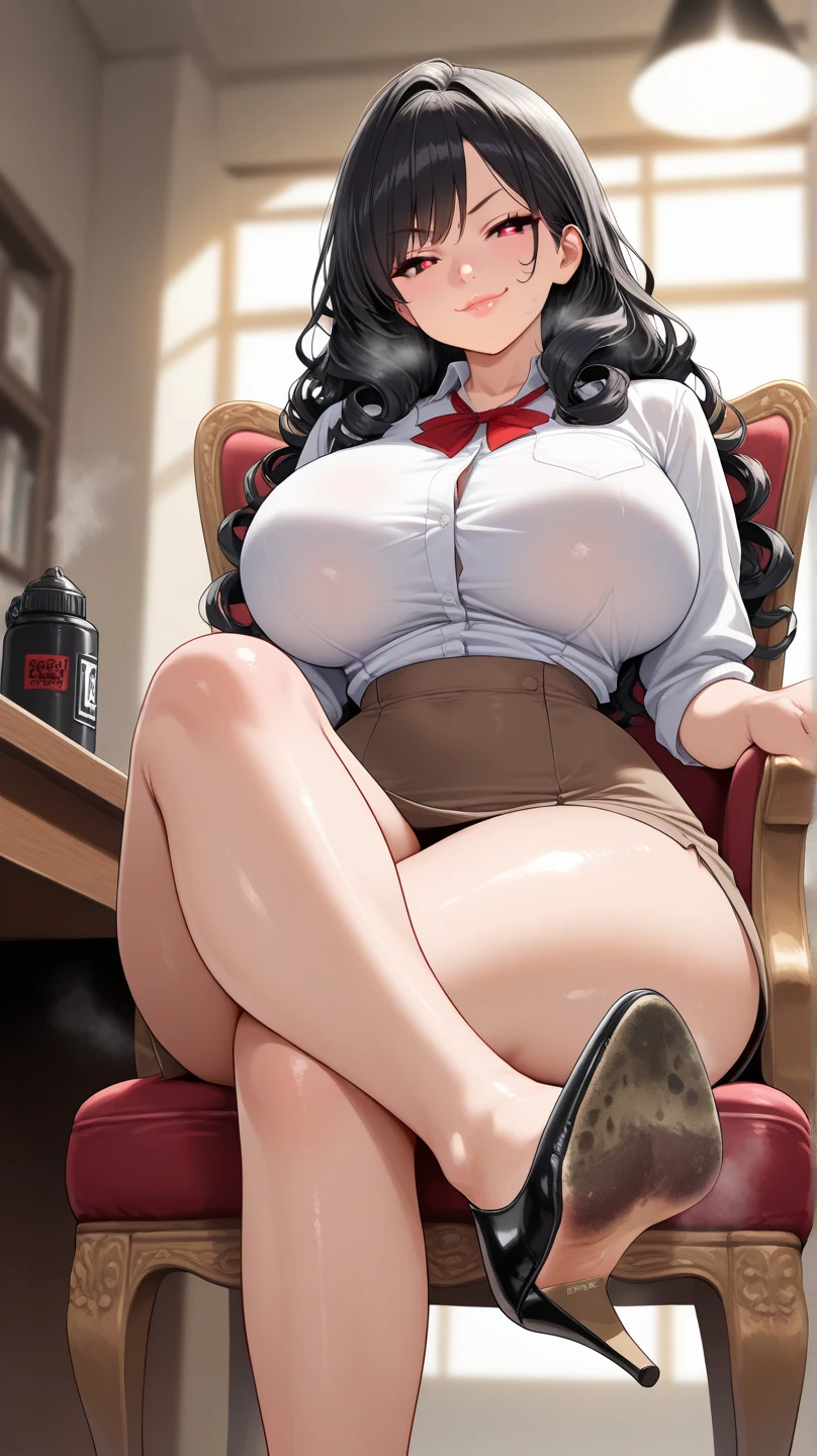 1 woman, teacher, 30 years old, (African, DARK SKIN), long hair, black hair, afro curls, big lips, big breasts, big thighs, red lips, wears black glasses, (green eyes, perfect eyes, well-made eyes ).
(she is wearing a "white blouse", very tight, very transparent, with cleavage, very wet, she is wearing it, you can see her belly), (blouse with cleavage, cleavage), (no bra, no bra, no panties, no wears panties), (wears a "pink miniskirt", very short, very tight), (wears "red heels", her feet are visible).
She is blushing, leering, opening her mouth.
She is sitting on her desk, spreading her legs, (you can see her vagina, vagina in the air, well-made vagina).