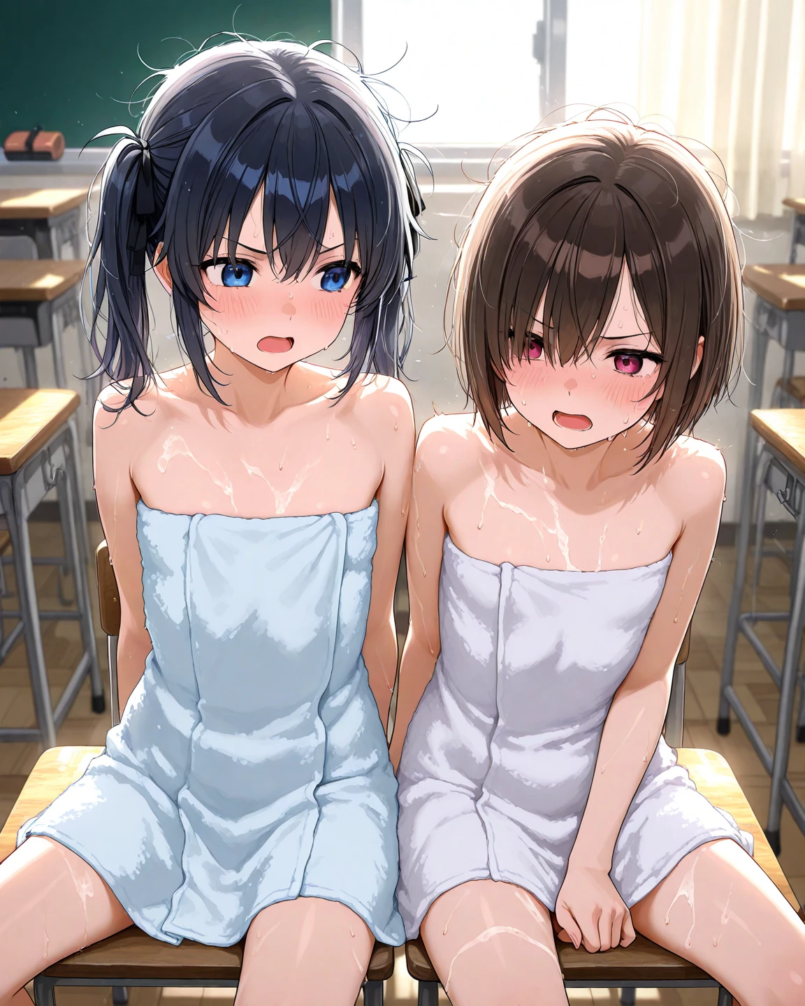 A naked middle-aged man touches the vagina of a small-breasted girl with black bob hair, who is crying on a train, with erect nipples and pale pubic hair, topless, no underwear, and a checkered skirt, who is shy and scared and resists, spreading her legs.、whole body