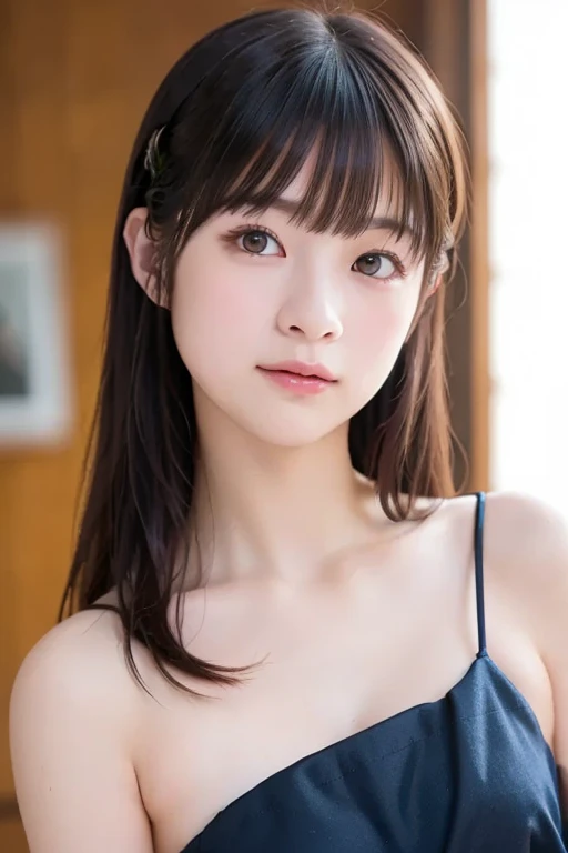12 years old, (japanese Famous idol:1.4) (1cute girl:1.4) (very young face:1.4) best quality, face focus, soft light, ultra high res, (photorealistic:1.4), RAW photo, 1japanese girl, solo, cute, (pupil, lights in the eyes), detailed cute face, (small chest),(high resolution detail of human skin texture), Damask Shirt Dress, (portrait)