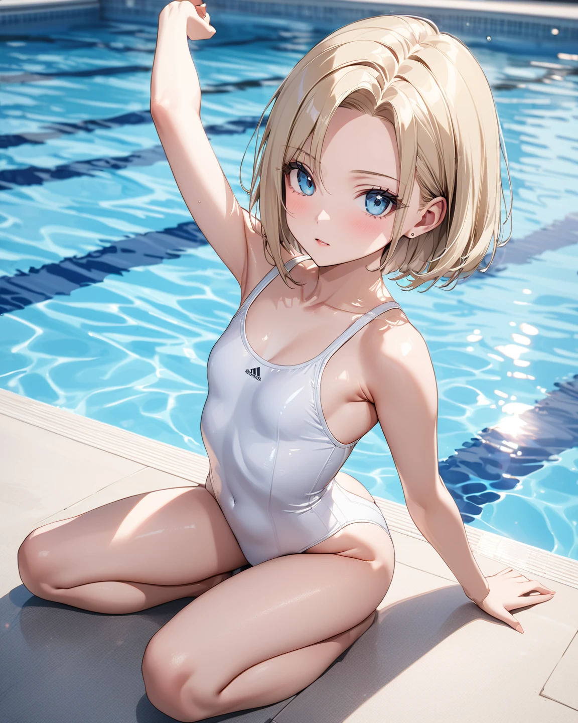 petite girl, blonde hair, blue eye color, pastel colours, Short Hair Hair, cat ears, school pool, Near the side, in a white school swimsuit, Average Breasts, sexypose, blusher