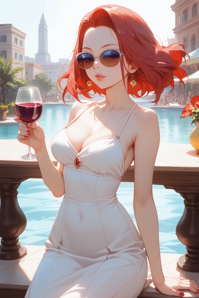 Ebony skin, (Best quality, 4k, Masterpiece :1.3), beautiful woman, hyper realistic, 1girl, ((turned back looking sunset)), (drooping breasts, attractive body :1.2), sit-ups :1.1, short red hair: 1.1, (wet rainy, wet by rain, wet body :1.2), ultra-detailed face, detailed lips, detailed eyes, double eyelid, sensual low-necked dress, open neckline, hanging breasts, side pose, visible curves, pool , poolside, red transparent robe, sunglasses, muscular turned leg, Body position: Standing, straight, symmetrical, barefoot, Lustful smile on face with red blush