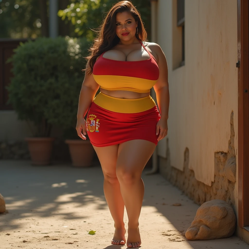 Indian girl, chubby figure, in front of a ship, Wearing a hot dress, posing for a sexy photo