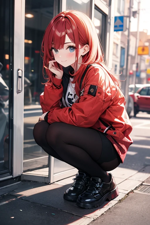 Cute Girl, 1 girl, Red hair, high bun hairstyle, There are a few strands of hair on the face, Red eyes, mascara, oversized hoodie, diaphragm, hot pants, tights, laced tights, bags under eyes, sitting, cafes, ground angle shot, The audience looks up, feet in tights,  saggy , impact, original photography, 8K, masterpiece,