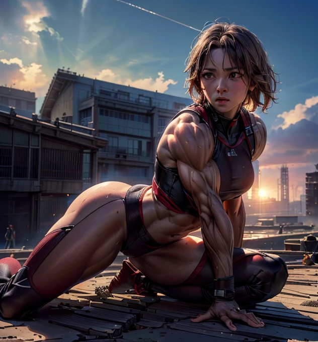 NSFW、Erect nipples、Hide only nipples、((flat chest))、((Rogel))、(((Photo from the front of the body)))、highest quality、best image quality、masterpiece、Creating Japanese Women, Day Park Bench, black shiny hair, student, Ponytail hair with bangs, Blue eyes and Igamem Realistic RAW 8K, The top of a skyscraper shining in the blue sky, Lens Tips, Superman, ((Uniform style separate costume for athletics))、(((No sleeve)))、Supermans super garment is metallic blue、abs、(((Small red metallic panties))), (((High leg)))、(((camel toe:1.4))), bulge in pants, female pervert々Lion Junior, (embarrassing)、blush, ((Sweat)), Superman symbol on background、((((squatting on the ground))))、(((squat)))、((((Open your crotch wide from side to side)))), (((Please spread your legs and show me)))、(((Long boots in red metallic stiletto heels)))、(((arm behind head)))、(show off your armpits)、look at the audience、Please show your crotch to the viewer、professional photography、professional lighting、natural soft light、