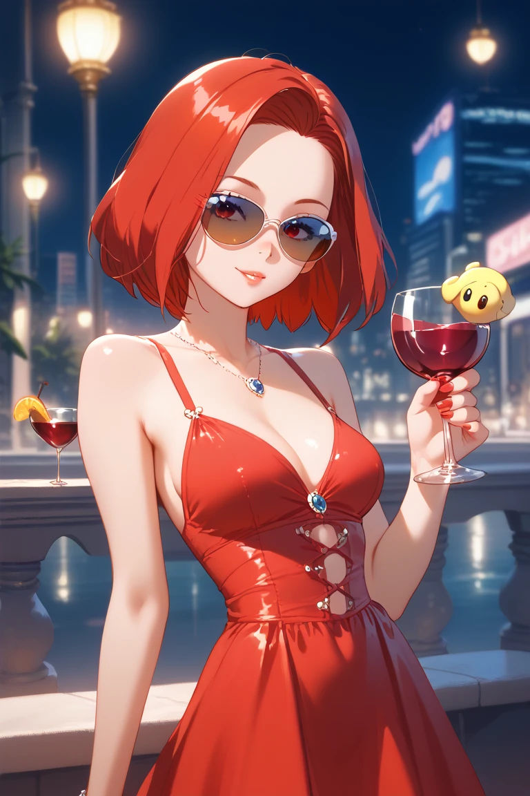 Sunsethuman, female, two tones of hair, red and yellow hair, tight dress, short dress, no-bra, dim lighting, at a party, holding a drink, smiling