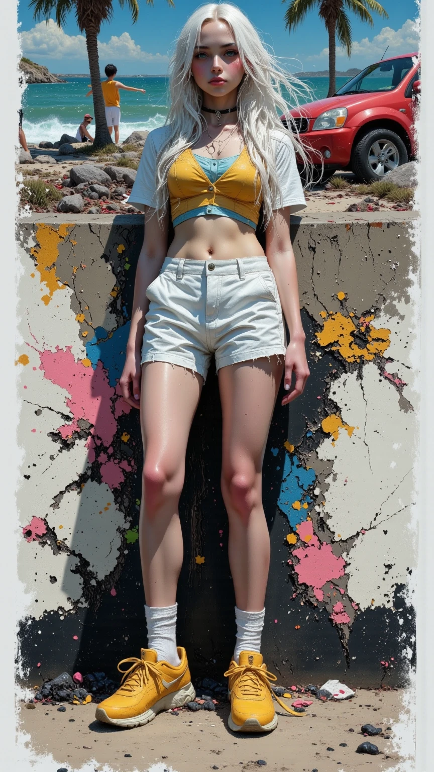 masterpiece, Highest quality, 4K, Ultra-high resolution, mishoujo, Painting, Beautiful eyes and fine face, figure, Beautiful details, high resolution figure, Shine_white_particle, One girl, white hair, Light purple eyes, Hair on one eye, Short side details, Baseball cap,Expressionless, Window Shades, Black jacket, Chest Rig, cyber punk, Techwear,(Impressionism:1.4)