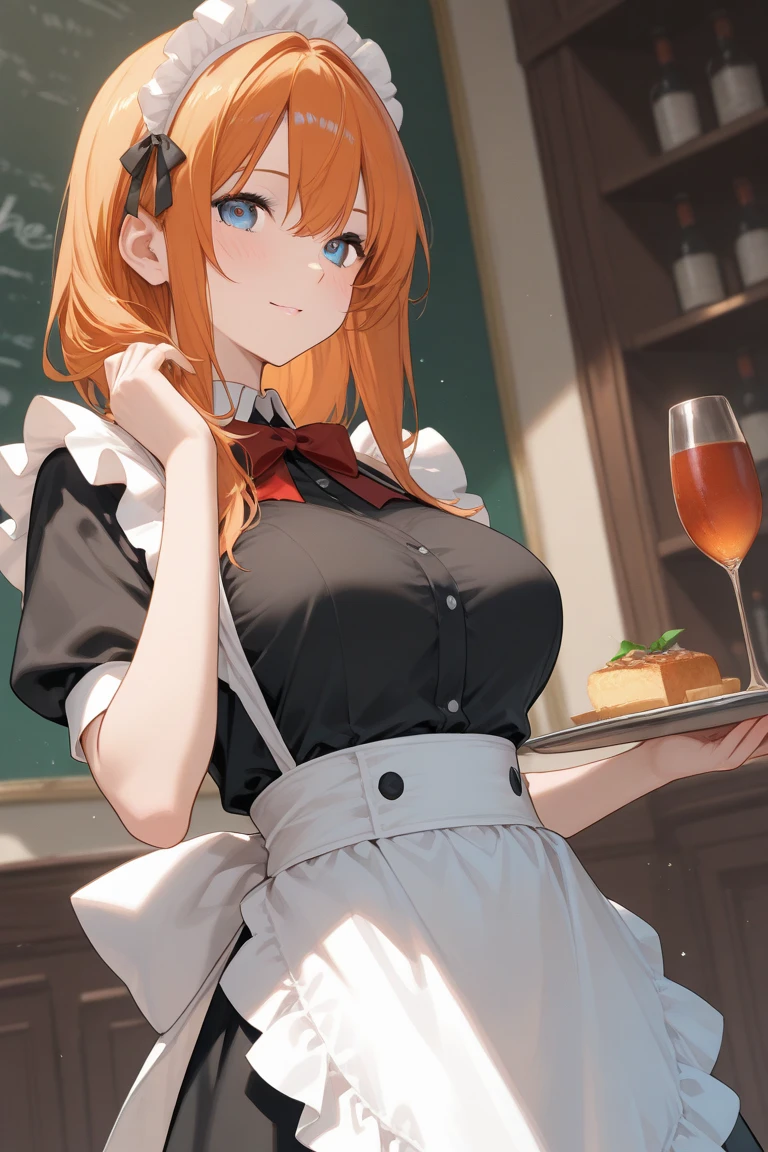 Realistic, masterpiece, Highest quality, (Detailed eyes), 1 high school girl, Huge breasts, Sweat, night, Outdoor, Bustling restaurant, Micro bikini in, Micro bikini with only strings, Wet Face, Wet body, ponytail, Earrings, White apron, puffy short sleeve, Between the breasts, Small tray, Mole on chest, Center opening, bow tie, Pelvic Curtain, (Wide Hips), (Grin :1.1)