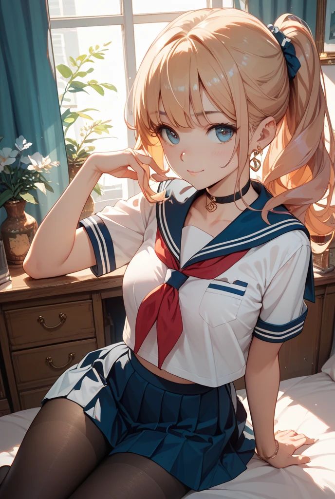 Beautiful illustration、top-quality、Cute little girl s、Bedroom、A yellow-haired、length hair、(((yellow pleated skirt)))、(((yellow sailor suit)))、shortsleeves、Colossal tits、a navel、Flipping up the skirt with your hands、Show white panties、Pull up your skirt and show your panties、bare-legged、pale blue eyess、on the beds、lovely thighs、glowing thigh、floating hair, wind,