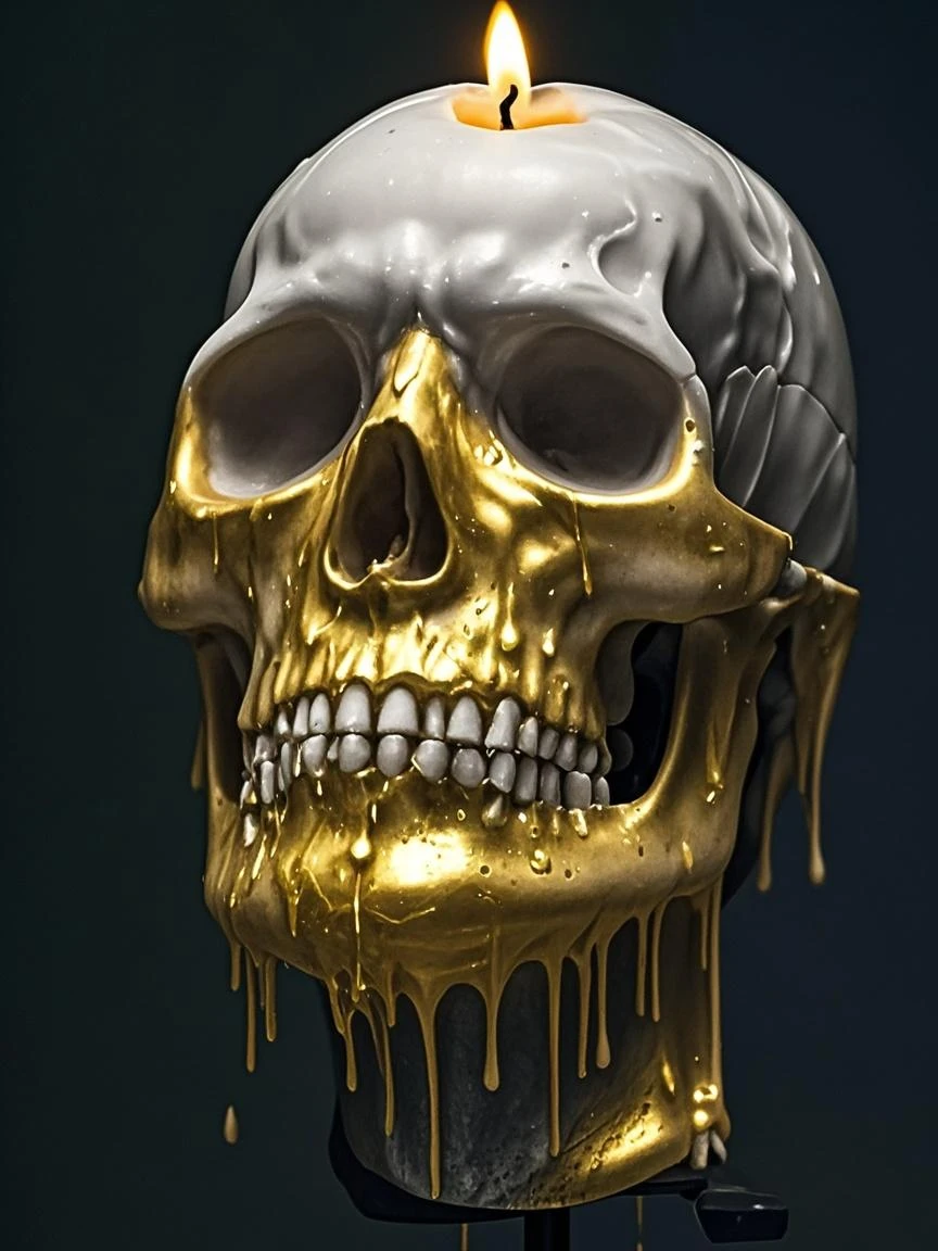 (masterpiece:1.2, best quality), Marblegold, skull with gold dripping from its eye sockets, black background  <lora:Marblegold-000009:1>