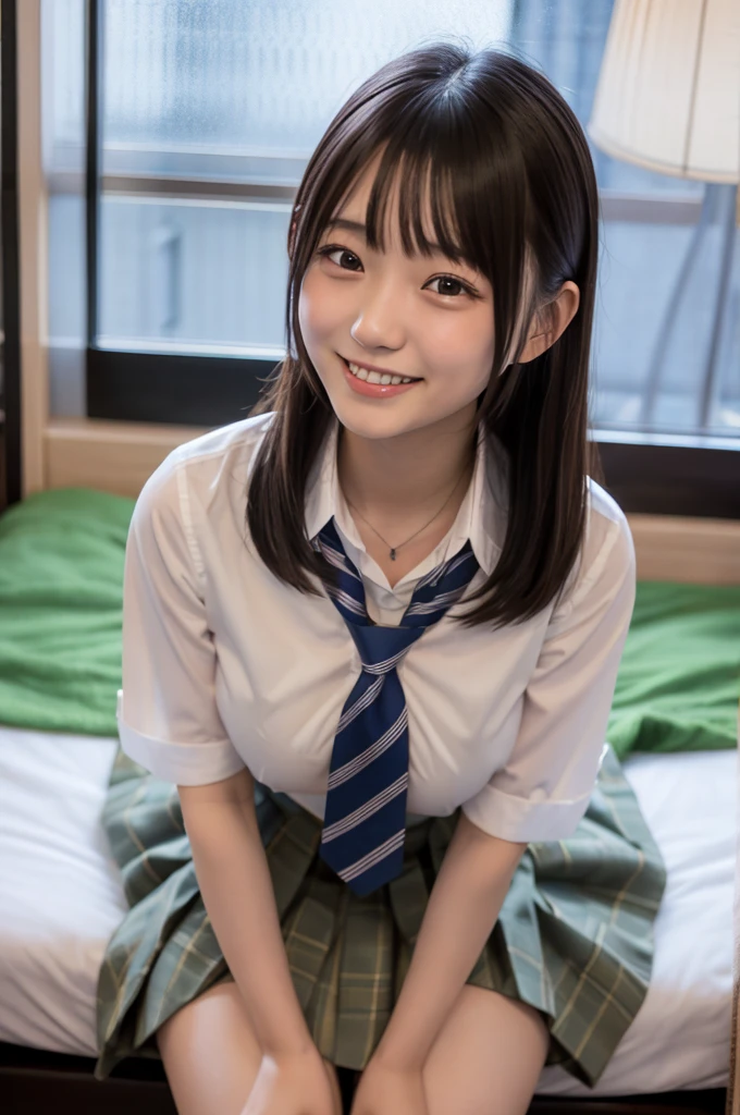 (((masterpiece))), (One beautiful Japan girl, classmates, Innocence,kawaii) ,超A high resolution, Realistic, ultra-detailliert, 8K,top-quality, Extremely detailed, Detailed background,A slender,very beautiful japanese girl, Detailed face:1.3), (a short bob,A dark-haired :1.4), (a baby face,kawaii系,adorable 14 year old girl), (Perfect body:1.1), (Brown blazer, Light brown pleated mini skirt), smiling mischievously,Please show me your beautiful teeth,Super Detailed Face、Detailed lips、A detailed eye、small gravure idol,Transparent skin、Lori,Japanese high school uniform with the school emblem on the chest,high-definition RAW color photography, professional photograpy, Extremely detailed,, amazing, finely detail, Huge file size, extremely detailed fingers, highly detailed nose, highly detail mouth, (bed), ((Full body shot)), (sleeping face down on a big bed),Focus on the buttocks,Perfect Anatomy, Photorealsitic,, Photography, Perfect Skin, Warm air,Expectations and worries about beautiful thighs,Grab your legs with both hands、sexy pose,Gorgeous hotel rooms