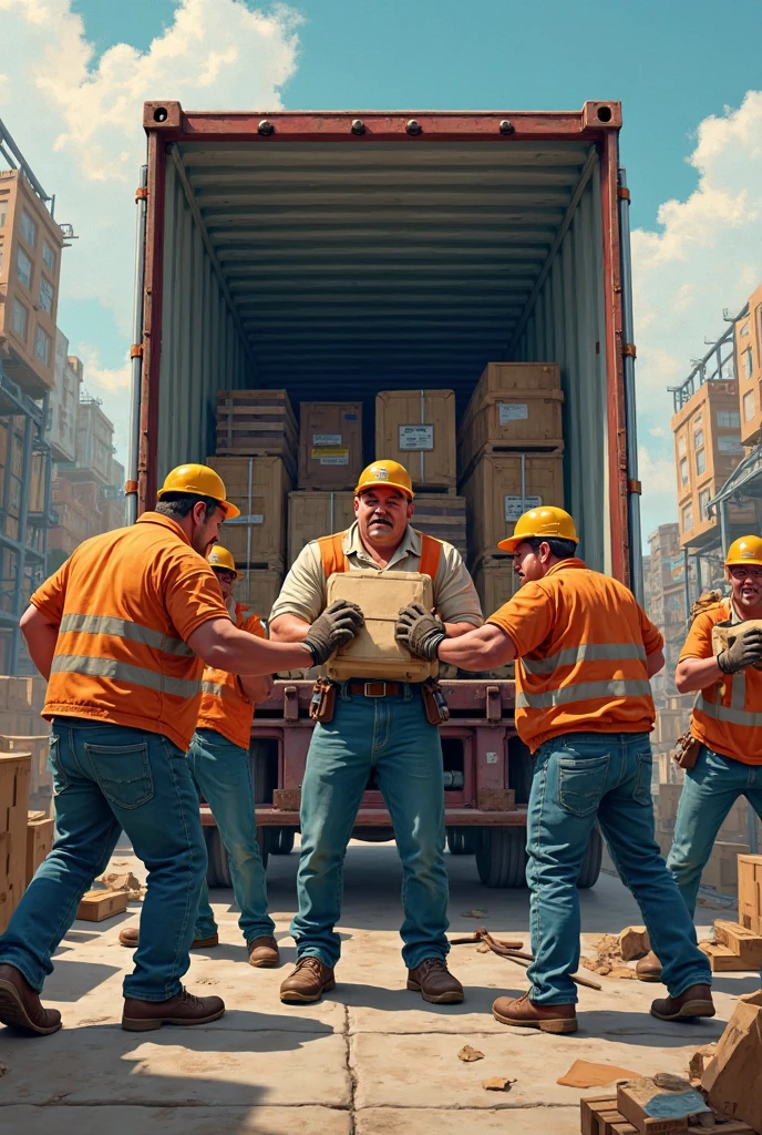 photography of two construction workers 60 years old turkish shirtless sweat ugly chubby man , long curly beard, curly hair, manly chest, bulging trousers, sitting  in the middle of the street , shirtless with safety vest andwhite dirty boxer,  hyper realistic, photorealistic, ambient occlusion, sunlight --auto