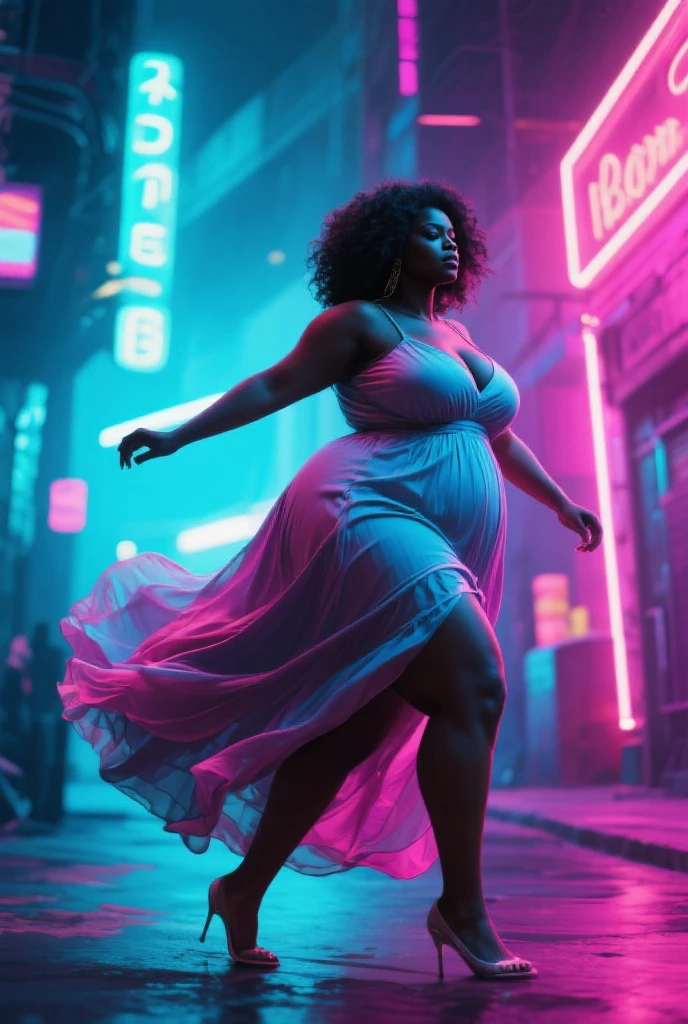 Busty chubby girl with long wavy purple and pink hair, hazel eyes and a fantastic iridescent glitter rainbow summer dress, dynamic pose, on a catwalk