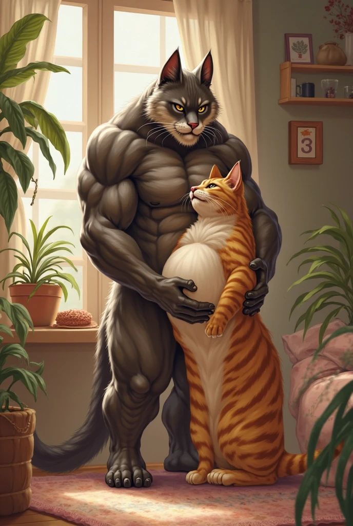 a muscular male feline sitting with legs spread, stomach massively distended from having swallowed prey whole, loud belch, gargantuan bulging gut, hyper endowment bulge, grayscale, hyper realistic, cinematic lighting, highly detailed, (best quality,4k,8k,highres,masterpiece:1.2),ultra-detailed,(realistic,photorealistic,photo-realistic:1.37)