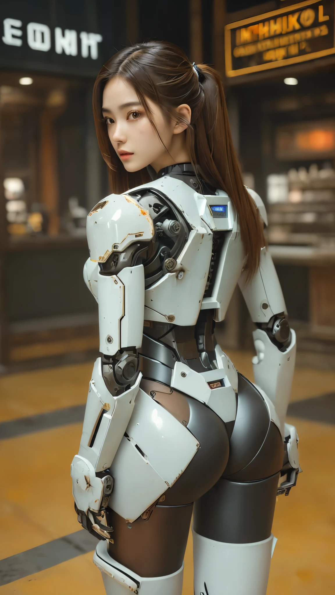 (((masterpiece))), (realism, realism texture), (top Quality, High Quality, top resolution, high resolution), ultra detailed, (high detailed), beautiful robot girl, she is incredible machine, incredible Super beautiful girl), beautiful smooth face girl, (beautiful detailed Fine skin face:1.3), (korean face, (mixed face)), white cheek, (Glossy Thin Mouth), wide mouth, detailed Mouth, robot white smooth armor, (machine parts:1.3), (frame of perfect machine, robot limbs, robot joint), mechanical leg holster, (Let hair down, straight hair), (cowboy shot:1.3), (complete parts:1.4), from behind