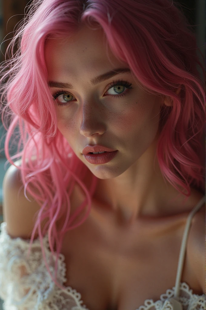(((ultra realist))) photoshot, masterpiece, top quality, (pale skin), (Ultra-detailed face and eyes:1.2), 1 girl, adult, ((in a size too small tight lingerie)), strapless bra, ((very strong eye make-up, pink mascara)), ((artificial, Detailed Lips)), ((Pink wavy hair)), ((Stylish hairstyle)) , (({enormous|huge|large|huge|mega|fake} pushed up breasts)), (very narrow waist). ((very large décolleté)), photoshot-Shooting, (soft) illumination, (The play of light and shadow), depth of field, bokeh, (special attention to skin details: 1.2), (besonderes Augenmerk auf enormouse Brustgröße: 1.2), (((special attention to extra tight clothing sizes: 1.2))), detailed texture, Hautporen, Oily skin. (Erotic atmosphere of the frame. Color Palette - Purple, Pink, metric tons), DR, ((film grain)), ((Rays)), (glare), ((upper body)) , ultra detailed,