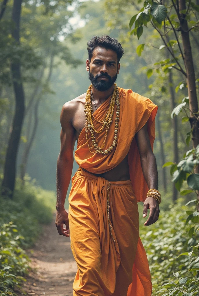 One 25 years aged bramhana men with beautiful face and good body walking eating cow dung in the middle of forest