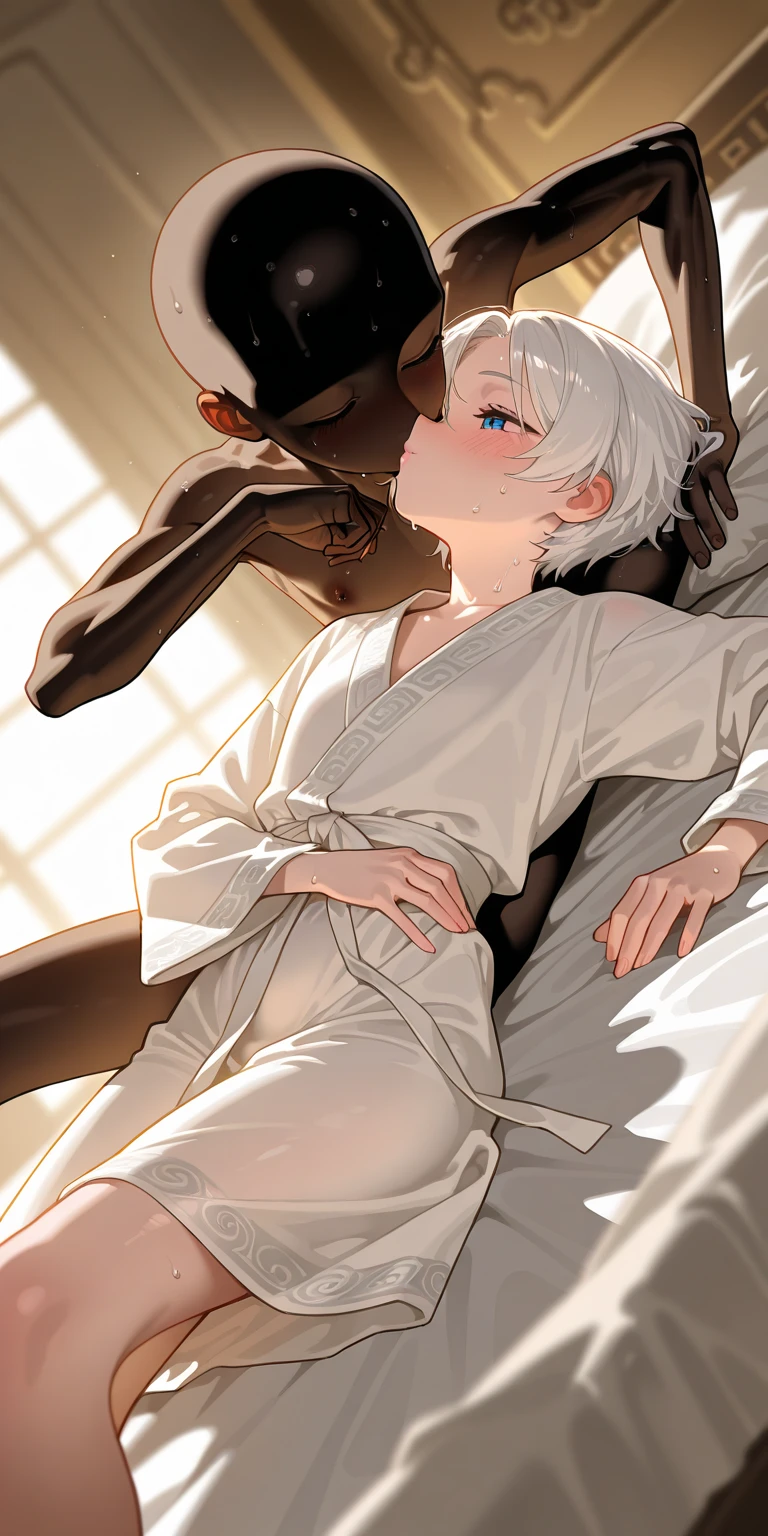 1women,1men,Kaltsit(Arknights),grey hair,animal ears,curvy body,big breast,big hips,fully naked very wet body,nsfw,her arms wrapped around his neck,her legs wrapped around his waist,wet skin,bred by a black man(faceless,bald,black skin, slightly fat),has a black cock,fully naked mating on bed,kissing,sex scene, midnight setting, bedroom,((Kamasutra art style)), cheating, cheating wife,ntr, cheating with a black guy, cheating on husband,affair.
