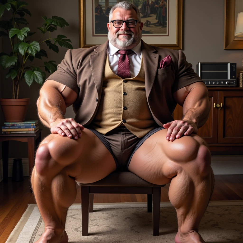 full body portrait, mature old man, grandpa, silverdad, virile, tough, stocky, round belly, bulging, massive feet, intricate details, ((hairy body)), white bodyhair, pale skin, gold jewelry, shades, bow tie, micro thong, barefoot, new york luxury hotel room