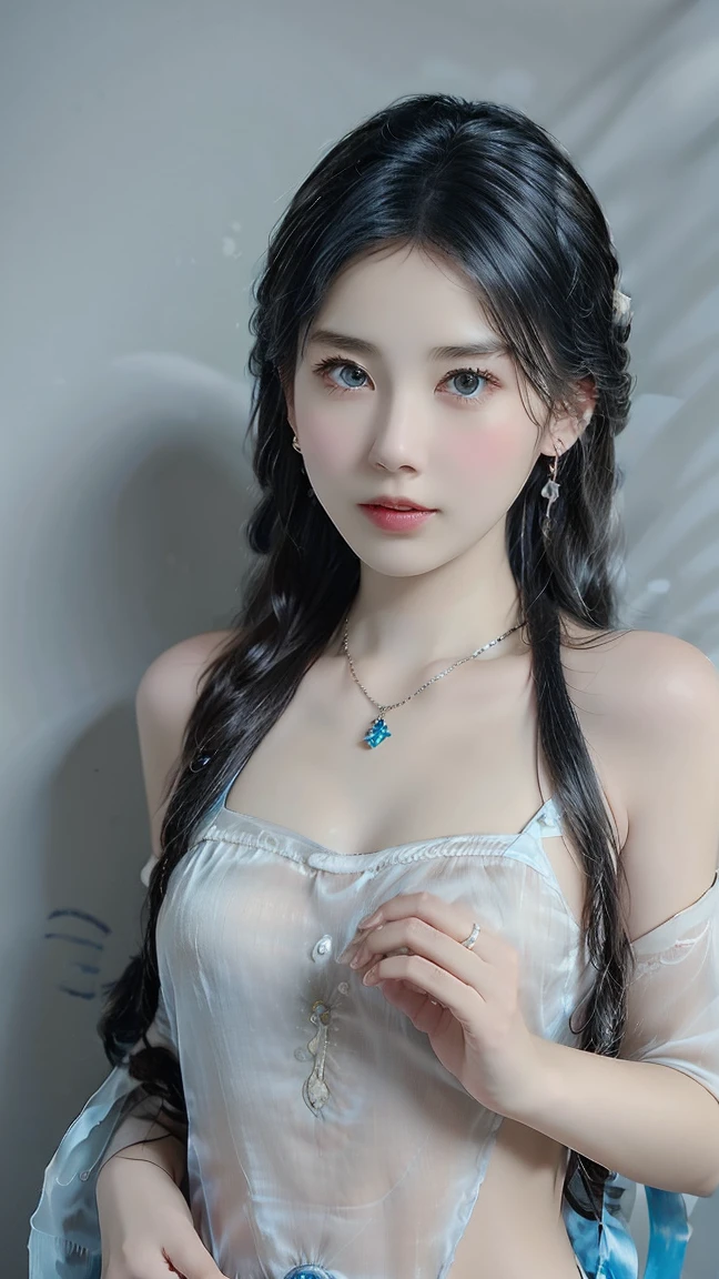 8K Ultra HD, masutepiece, Best Quality, beautiful  Girl, Long hair, Impressive hairstyle, Royal Hair Jewelry, Pretty cute face, face perfect, Jewelry Earrings, Antique Jewelry, Eye for detail, Beautiful eyes, meticulous makeup, Thin eyebrows, Beautiful red lips, medium breasts, Dark Blue Mesh Socks, Thin navy blue silk shirt with a lot of white motifs, White lace shirt, Long platinum dark blue ponytail with long bangs, Realistic colors, Magic Effects, ancient hanfu background, See your audience directly, Full body capture,