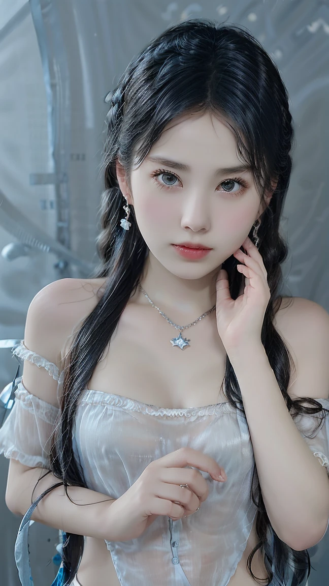 best quality, Super No, Reality, photo of a beautiful woman, 18 years old age years, Delicate face, Black messy fishtail braid, (Delicate porcelain doll,Elaborate clothing with lots of ruffles and ribbons), beach, (Close-up of face), Attractive appearance, Watch the audience in 4K Ultra HD, masterpiece, High Detail, A girl, Cute face, delicate eyes, long hair, Detailed lips, Medium breasts, Lights on clothes, Cyberpunk dress, Neon burning on dress, Neon Breasts, Bare waist, Current Effect, Wires connected to the body,lights on, Wires connected to the head, Wires connected in hand, Wire on breast, 身上的机械lights on, The body is burned by the light, Lights on hair, Magical light effects on the body, Halo effect, Glow effect, Direct - x 2.0 Visuals, High Graphics Night Light, Diffuse Light, Light Reflection, Light Reflection on road, Red lights are everywhere, Neon, Full body capture,16k ultra-fine CG wallpaper, masterpiece, Excellent image quality, Ultra-delicate), (Excellent lighting, Delicate and beautiful), Really smooth skin, Bright face, 18K close-up perfect display, Change, Lovely, Girl wearing delicate hollow shirt and underwear, Lying on the big white bed, Colorful jewel-like eyes.Posture,Full breasts,Golden ratio figure,Perfect body, Ancient mysterious figure, mystical atlantean valkyrie, Mysterious Valkyrie,