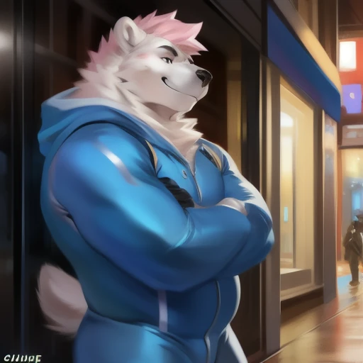 <lora:behemoth-TAS-07:1>, behemoth(TAS), solo, plump, bara, five fingers, belly, black eyes, tail, fat, (pose:1.3), (posing:1.3), (soft shading), 4k, hi res, ((detailed face, (detailed eyes:1.0), detailed)), , by zackarry911, by zaush, (by personalami:0.5), looking at viewer, blush, 1boy, jacket, upper body, male focus, open clothes, hood, open jacket, hoodie, hands in pockets, bare pectorals, smile