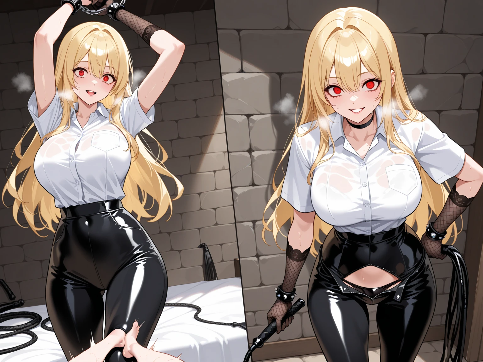 Nsfw, futanari penetrating female from behind, nude,(((1girl,1futa,sex from behind, imminent vaginal ))),(((ripped panties, ripped bra))),Nsfw, sex, sensual scene,(((chain binding body:1.5))),(arms behind back return:1.3),(sensual expression), restrained things ,restrained by chains, tightly shackled and confined ,collar around throat, highest quality, High resolution, long hair, blue eyes, blonde hair, (large breasts:1.2), huge breasts, exposed breasts, exposed genitalia, BREAK skirt, thighs highs, black stockings, Looking at the viewer, aim at the enemy, sensual scene, NSFW,