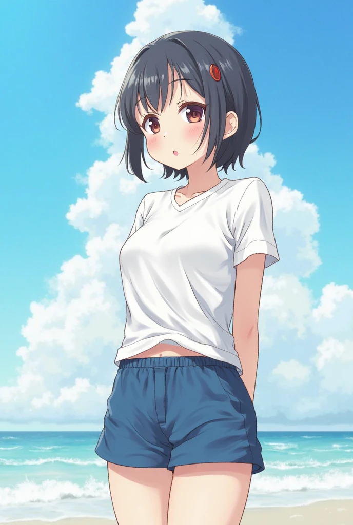 shrine,Are standing,Put your hands behind your back,close your eyes,1 tiny ,short hair,Black Hair,blush,White T-shirt,Olive green shorts,barefoot,White skin,summer,From below,shy,Sweat,Open your mouth,sun,Wet,Splash