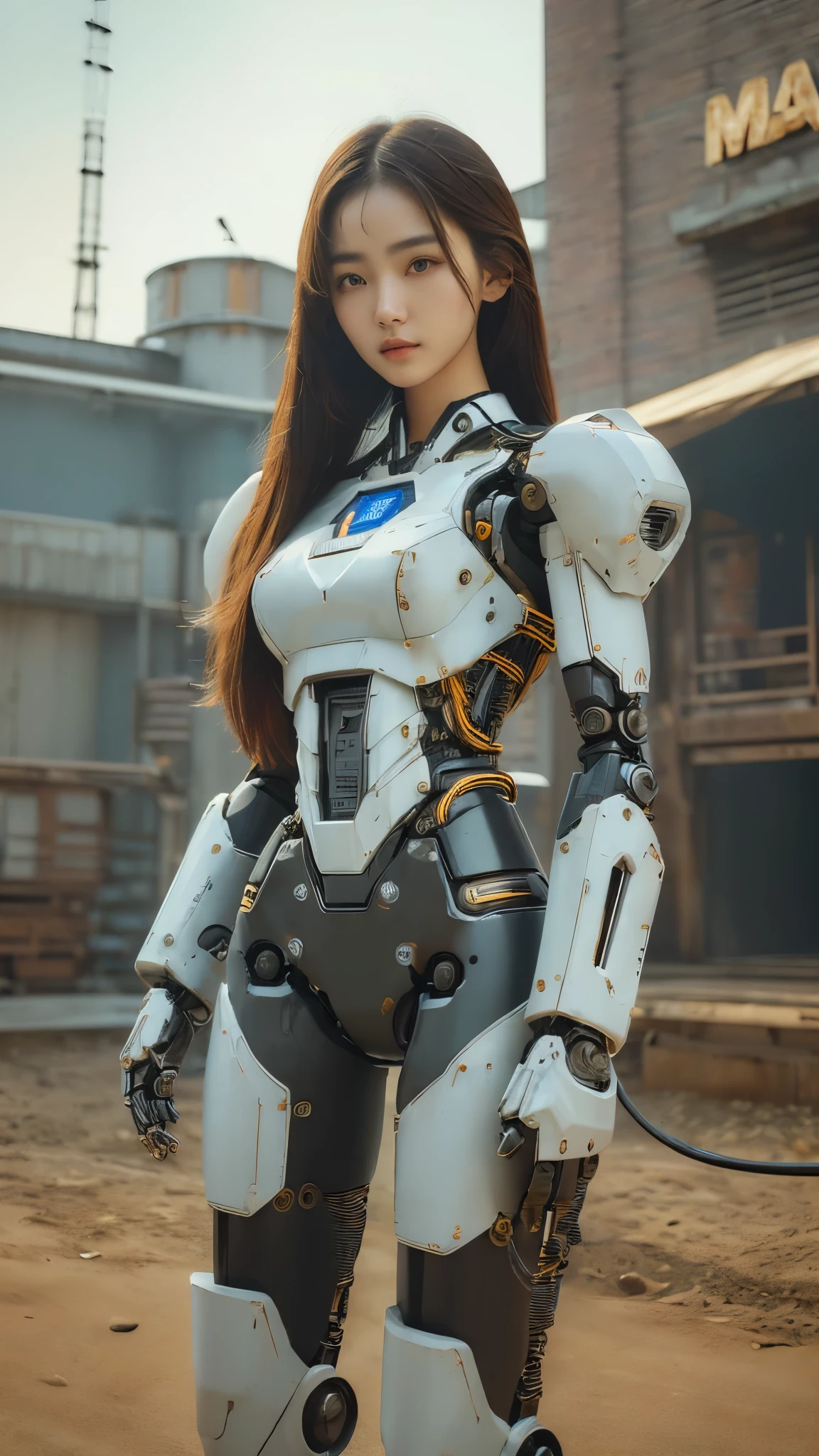 (((masterpiece))), (realism, realism texture), (top Quality, High Quality, top resolution, high resolution), ultra detailed, (high detailed), beautiful robot girl, she is incredible machine, incredible Super beautiful girl), beautiful smooth face girl, (beautiful detailed Fine skin face:1.3), (korean face, (mixed face)), white cheek, (Glossy Thin Mouth), wide mouth, detailed Mouth, robot white smooth armor, (machine parts, cable Wiring:1.3), (frame of perfect machine), (robot limbs, robot joint:1.2), mechanical gun leg holster, (Let hair down, straight hair), (cowboy shot:1.3), (complete parts:1.4)