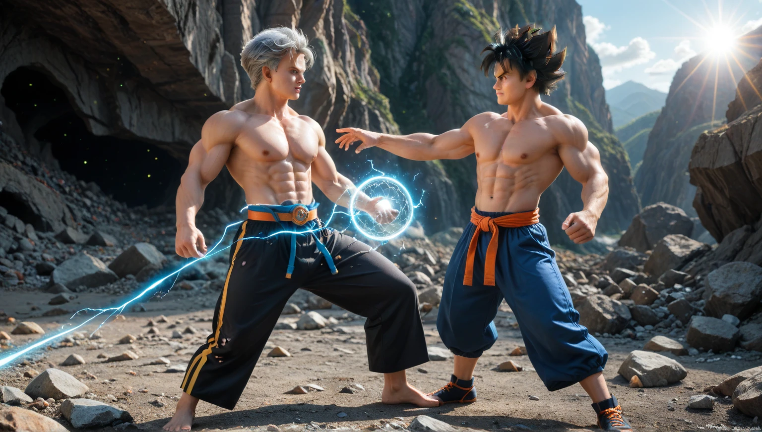 Young blue-eyed Asian man in fighting stance with a Ming dynasty sword. While a demonic being stares at him with its big yellow eyes. Both are in the middle of a large metropolitan avenue. movie scene 
