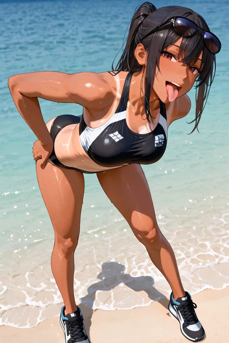 Painful expression(a female athlete,Open your mouth,Wearing a black competition swimsuit,Picking the pussy with both hands,Pussy leaking,Wet crotch)。