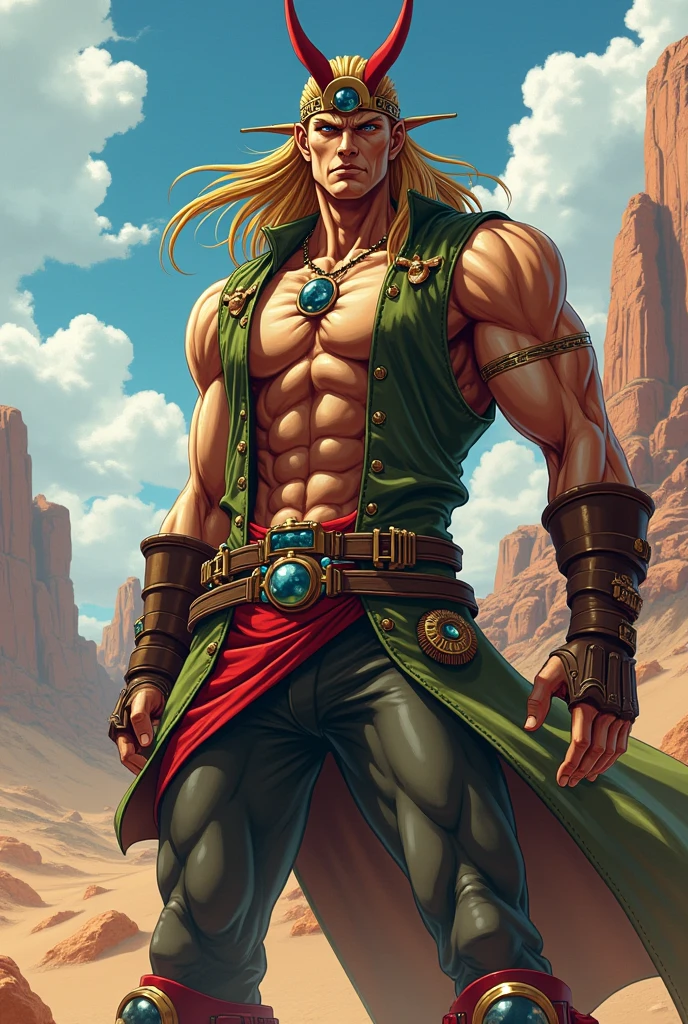 (masterpiece:1.2, best quality:1.2, extremely delicate:1.2), ((male:1.5)), a middle-aged man with slicked-back brown long hair, golden parted bangs, raised thick eyebrows, sharp eyes, rugged features, a full beard, a confident smile, tall and sturdy build, a fantasy martial arts style white open-chest silk coat with a long hem, a yellow shawl, long gloves, a leather belt, canvas trousers, standing in a sunny desert oasis, this character embodies a finely crafted fantasy martial arts style desert ruler in anime style, exquisite and mature manga art style, dramatic, high definition, highres, ultra-detailed, ultra-fine painting, professional, perfect body proportions, golden ratio, anatomically correct, symmetrical face, extremely detailed eyes and face, high quality eyes, creativity, RAW photo, UHD, 32k, Natural light, cinematic lighting, (masterpiece-anatomy-perfect:1.2)
