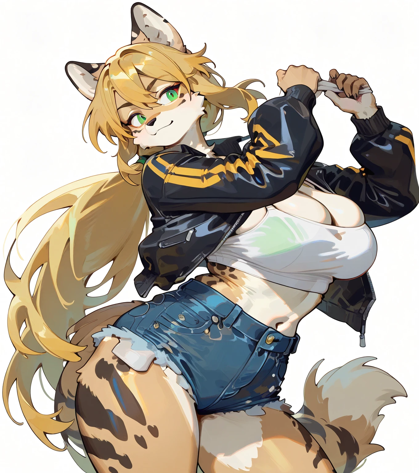 AGM, 1girl, animal_ears, breasts, siege_(arknights), solo, red_shorts, lion_ears, cleavage, jacket, tail, shorts, choker, long_hair, fur_trim, large_breasts, black_jacket, crossed_legs, food, bare_shoulders, fur-trimmed_jacket, black_choker, mouth_hold, off_shoulder, sitting, thighs, looking_at_viewer, tank_top, lion_tail, brown_hair, fur-trimmed_shorts, ponytail, short_shorts, brown_eyes, open_jacket, shirt, white_tank_top, hair_between_eyes, collarbone, open_clothes, blonde_hair