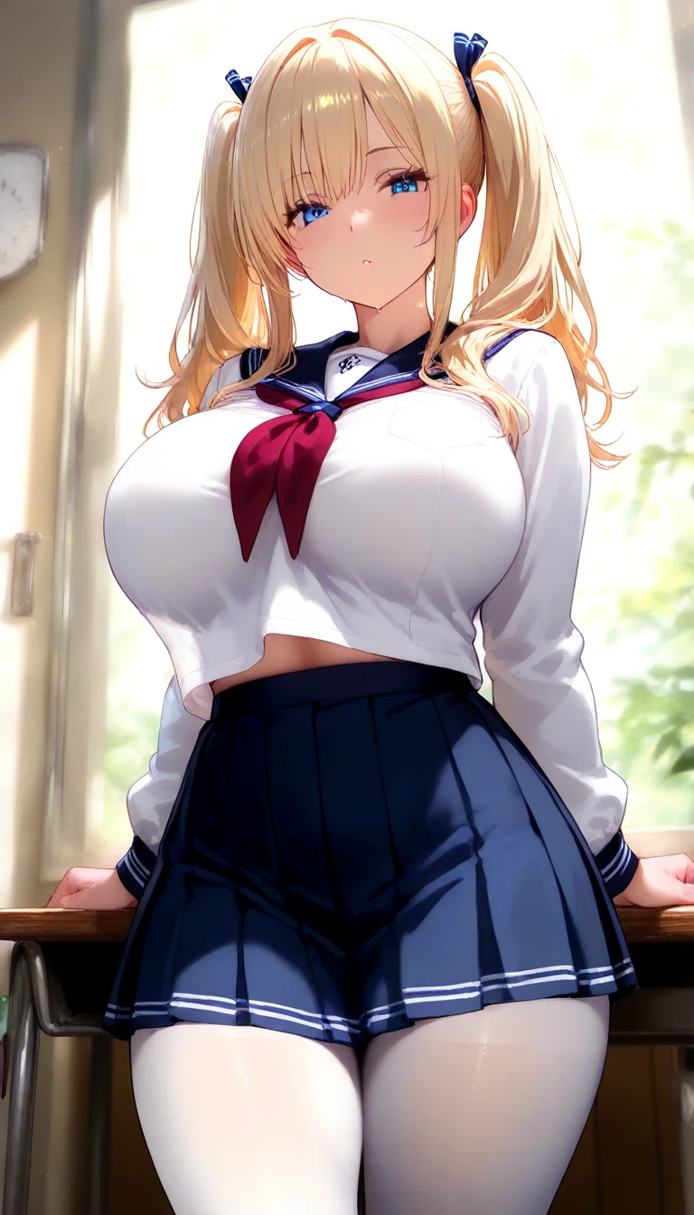 highest quality,wonderful,finely,extremely detailed CG Unity 8K wallpaper, (1 Girl,blonde, Yellow Eyes, Low Ponytail, Scrunchie, Earrings、Wicked Smile), (Grin:1.1), ((Brown Skin:1.2), (huge breasts:1.1),(sailor uniform:1.3), (bra lift:1.2), (zettai ryouiki:1.4)