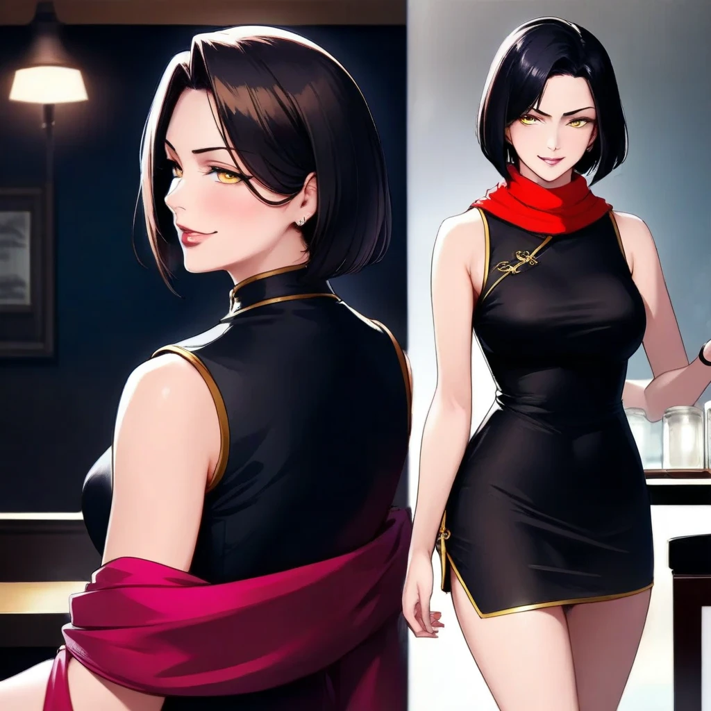 1 asian woman, spy, elegantly dressed, smirk, short black hair, holding a cigar, y2k animation, hq, intricate detail, high quality, smooth, (masterpiece, best quality), tattoos, sitting at bar,