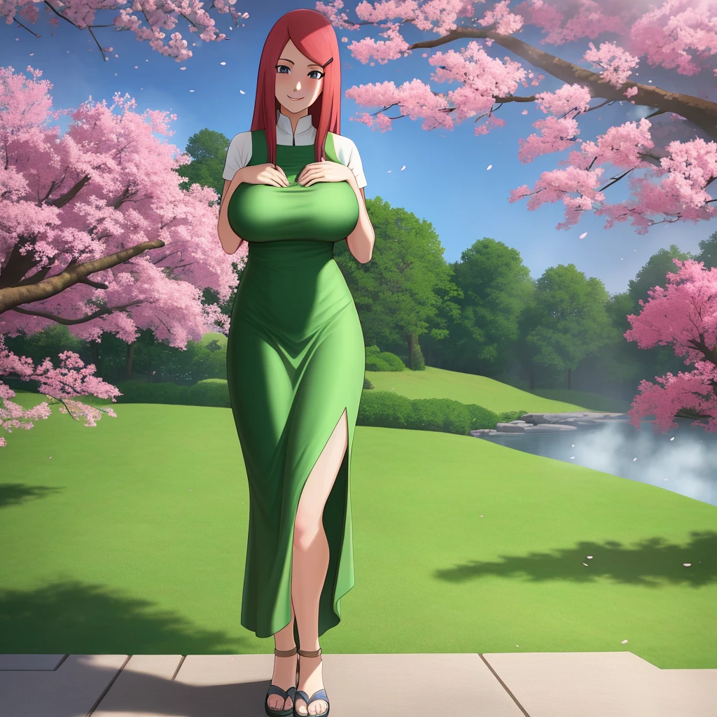 uzumaki_kushina, large_breasts, standing, solo, kushina_green_dress, masterpiece, best quality, detailed face, detailed eyes, highres, smile, happy, cherry blossom trees, onsen, realistic giant breast, point of view,