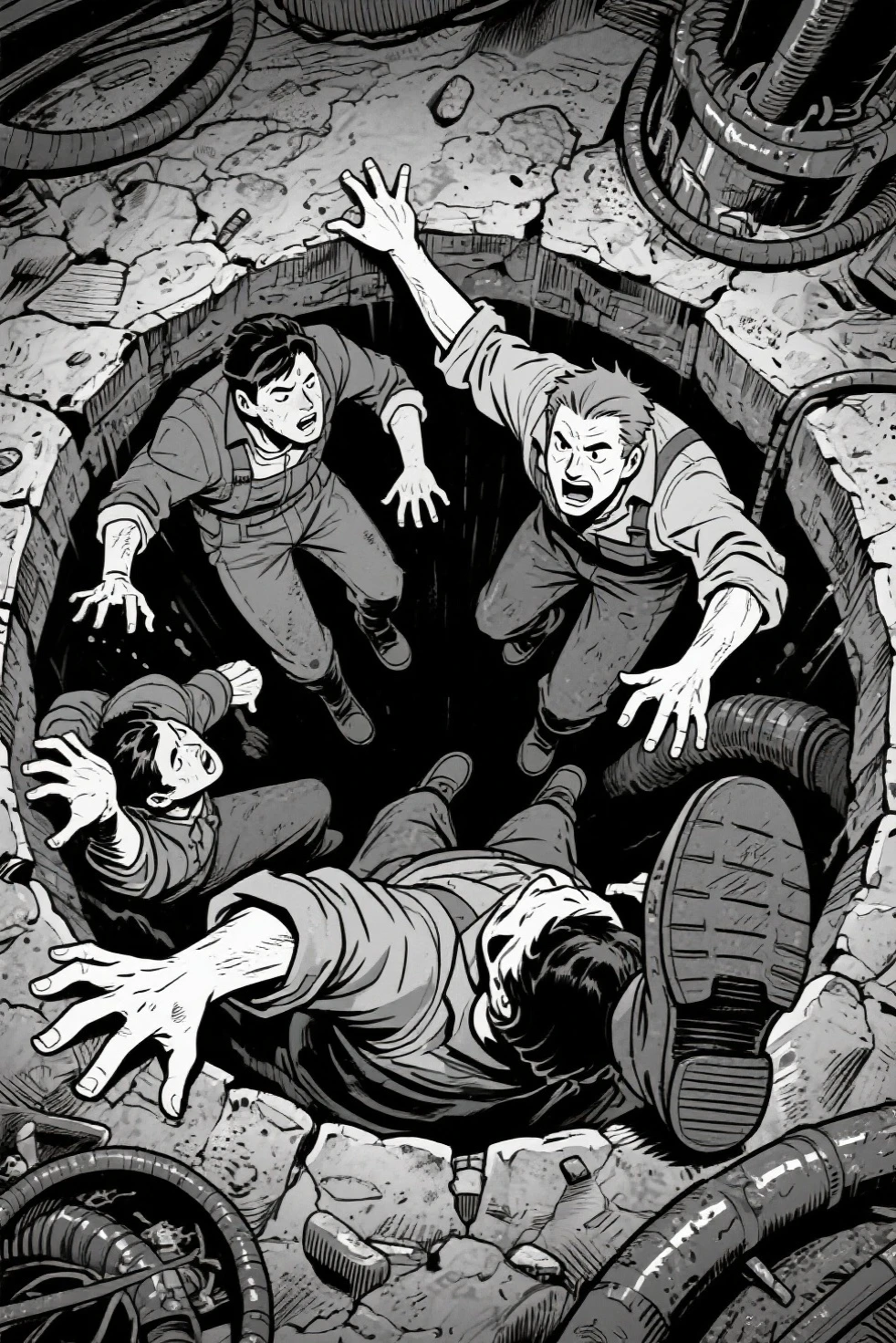 lack and white cartoon strip comic image of topless clothed group of three men screaming eyes wide open,mouth wide open and their scalp open and cerebrum is showing with wires leading to a big top hand